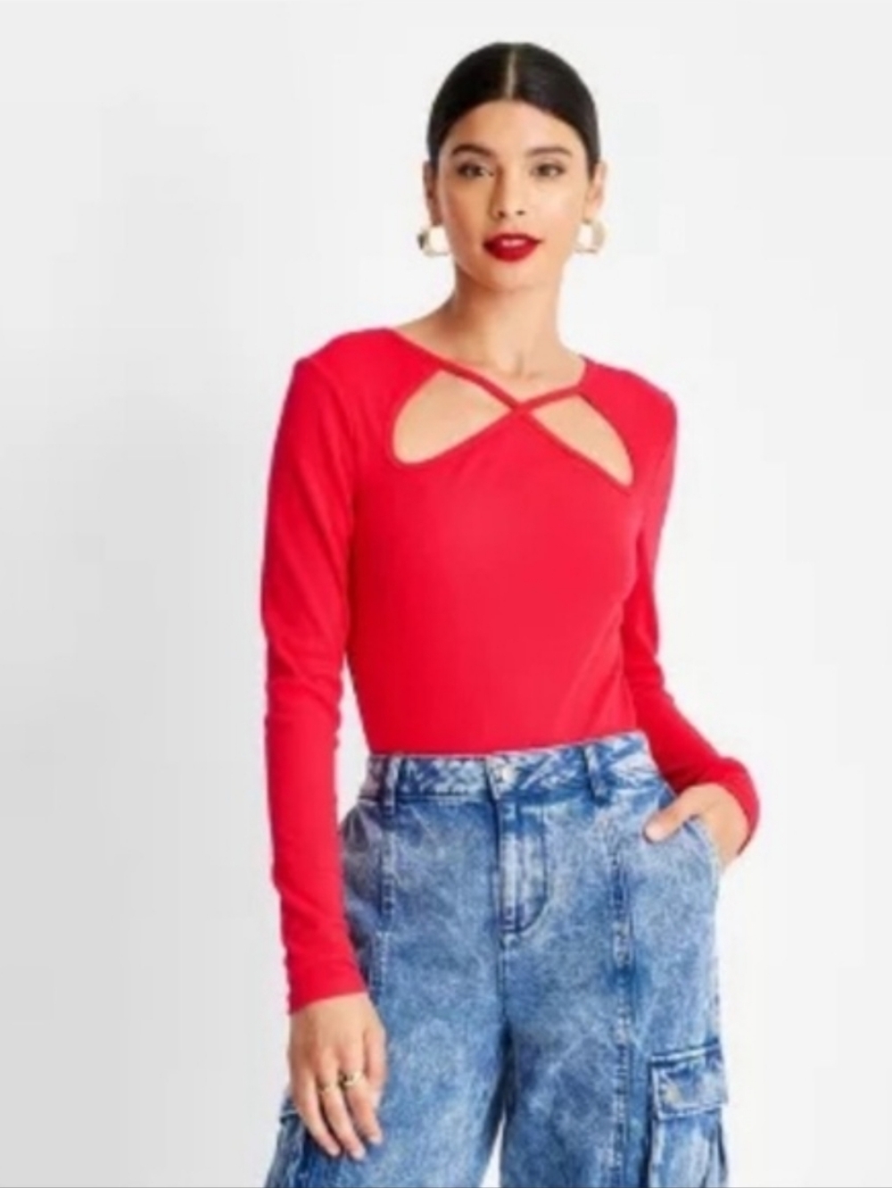 Future Collective Red Long-Sleeve Cutout Ribbed Bodysuit Size XL